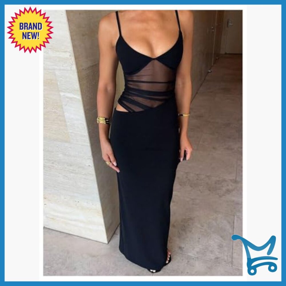 Mesh Bodycon Maxi Dress V Neck Sleeveless Formal Party Wedding - Picture 3 of 5